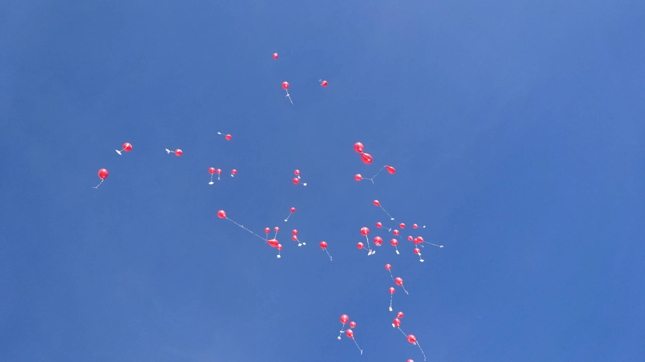 Rote Ballons weit oben am Himmel.