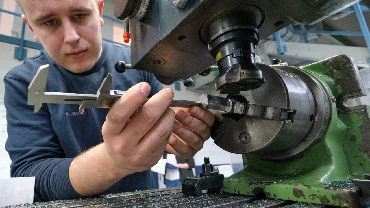 Niklas Behncke an der Drehmaschine in der Ausbildungswerkstatt bei KS Gleitlager in St. Leon Rot