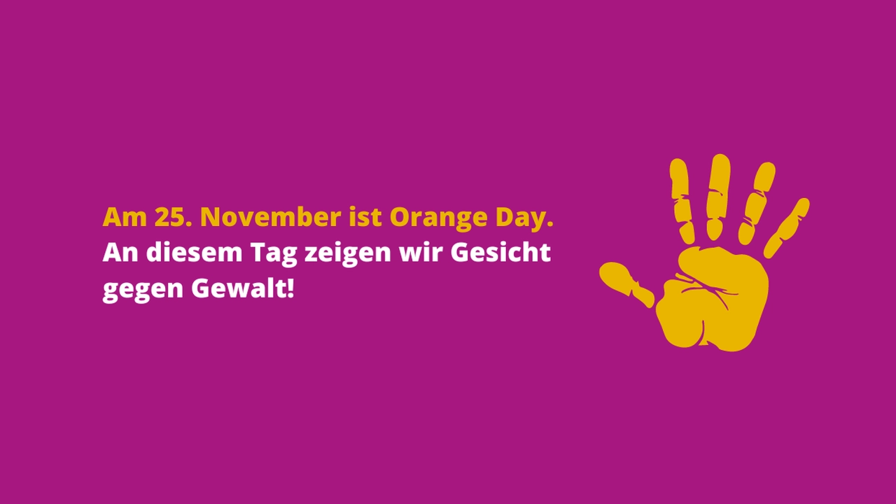 Orange Day Logo, Lila Hintergrund, mit Schrift „am 25. November ist Orange Day“, Orangene Hand 