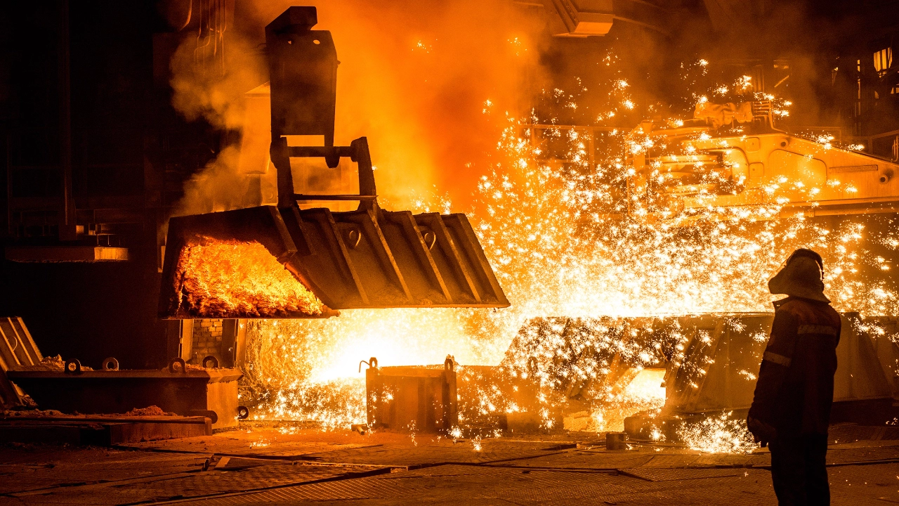 Steelworker nahe dem Hochofen.