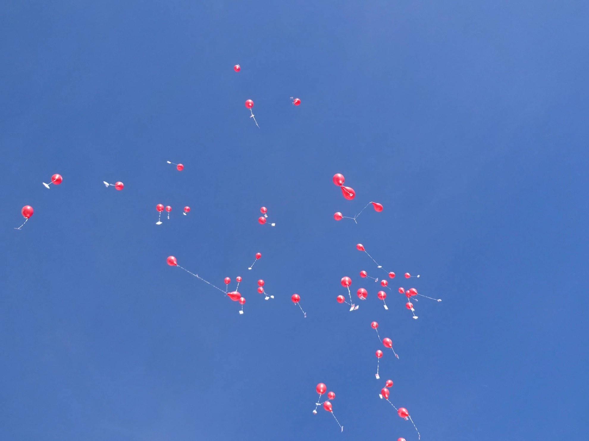 Rote Ballons weit oben am Himmel.