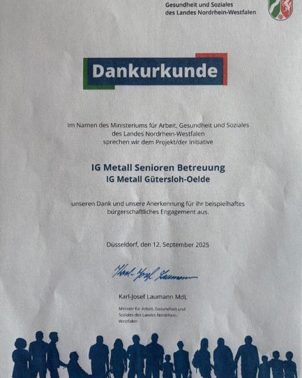 Dankurkunde vom Ministerium für Arbeit, Gesundheit und Soziales des Landes Nordrhein-Westfalen