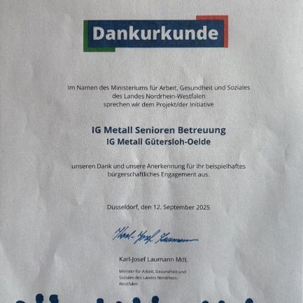 Dankurkunde vom Ministerium für Arbeit, Gesundheit und Soziales des Landes Nordrhein-Westfalen