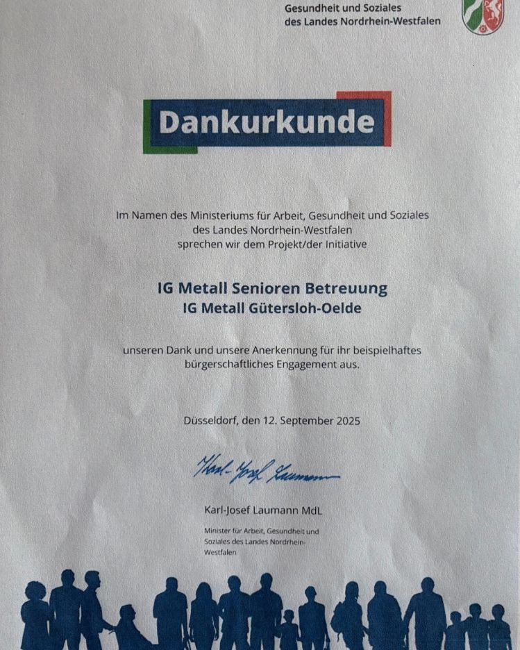 Dankurkunde vom Ministerium für Arbeit, Gesundheit und Soziales des Landes Nordrhein-Westfalen