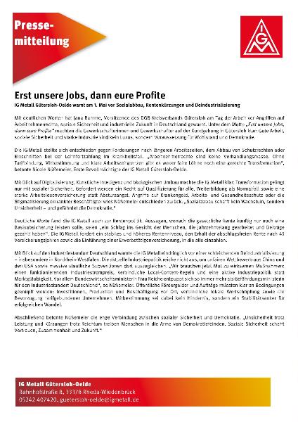 Pressemitteilung 1. Mai