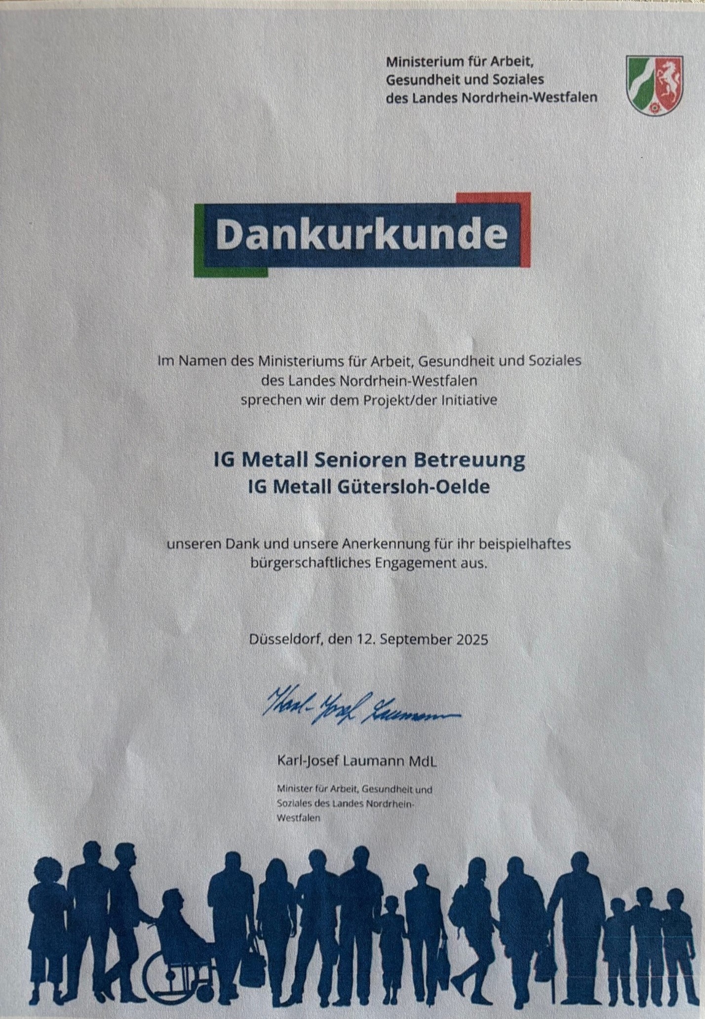 Dankurkunde vom Ministerium für Arbeit, Gesundheit und Soziales des Landes Nordrhein-Westfalen